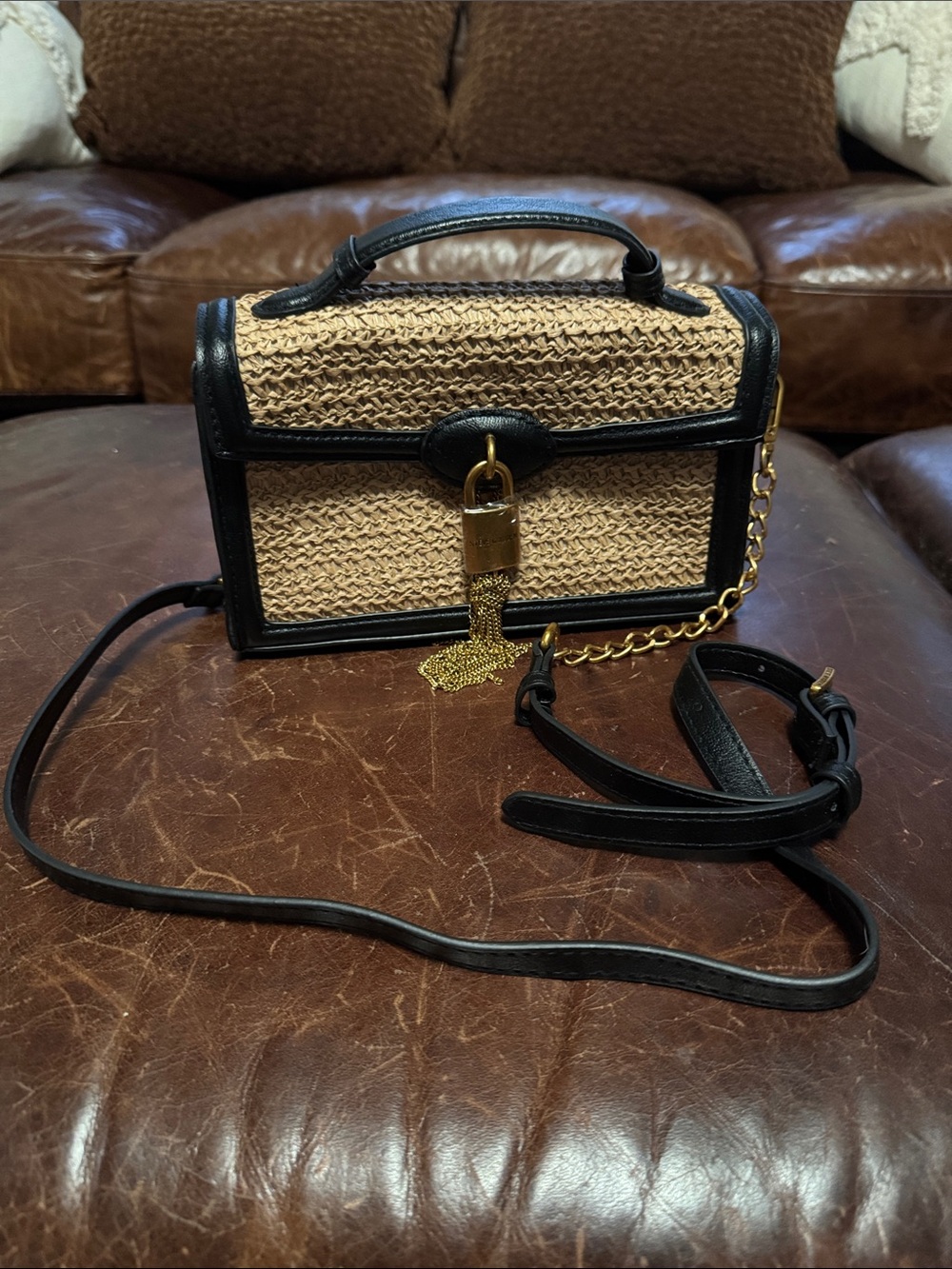 Black & Natural Woven Crossbody Bag with Gold Hardware